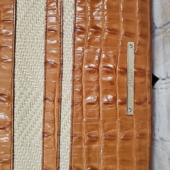 Brahmin Mini Asher Whiskey Stripe Raffia Tan and Cream Leather Tote Bag - Picture 3 of 14